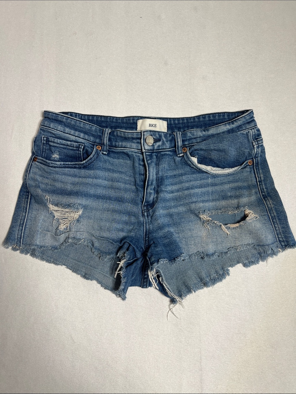 BKE Frayed Distressed Denim Cutoff Shorts - Blue Wash